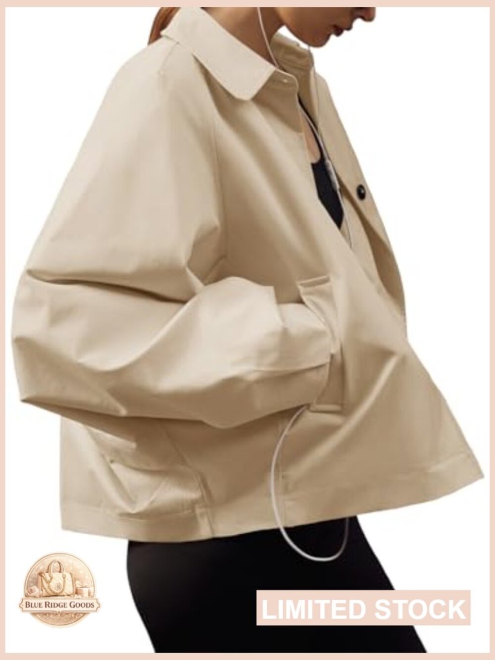 Cropped Trench Coat Lightweight Batwing Sleeve Oversized Chic Casual Outerwear - Picture 4 of 7